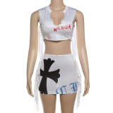 White Sleeveless Printed Top Fringed High-Waisted Short Skirt Two Pieces