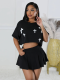 Black Sexy Printed Loose Top And Pleated Skirt Two-Piece Set