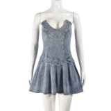 Blue Chest-Wrapped Sexy Pleated V-Neck Denim Dress