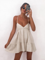 Sexy Pleated Cotton and Linen V-neck Dress