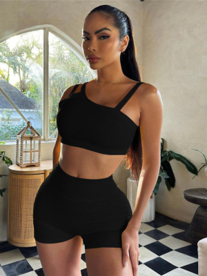 Black Sexy Midriff-Baring Vest High-Waisted Butt-Lifting Sports Two-Piece