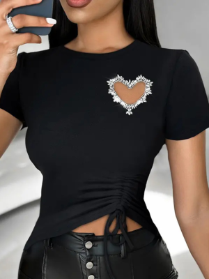 Black Love Hot Diamond Hollow Drawstring Short-Sleeved T-Shirt