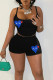 Black Sexy Tight Love Printed Suspender Shorts Two-piece Set