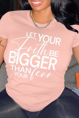 Pink Printed Letters Round Neck Short Sleeve T-Shirt