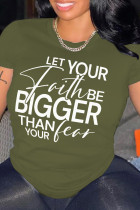 Army Green Printed Letters Round Neck Short Sleeve T-Shirt