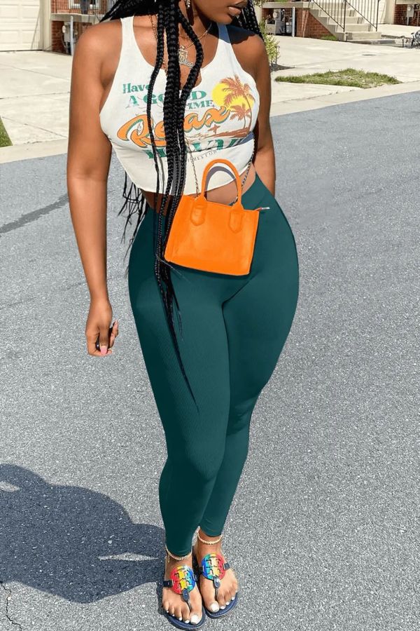 Green Sexy Tight Tank Top and Trousers Two Piece Set