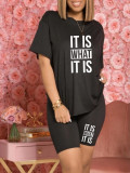 Black Fashionable O-Neck Printed Large Size Women's Two-Piece Set