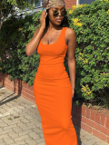 Orange Sexy Fashion Ribbed Sleeveless Slip Dress