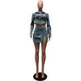 Button Zipper Denim Skirt With Irregular Slit Two-Piece Set