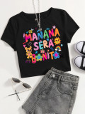 Black Fashionable Casual Slim Fit Navel-Baring Letter Print O-Neck T-Shirt