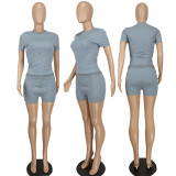 Grey Fashionable And Sexy O-Neck Threaded Two-Piece Set