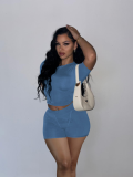 Blue Fashionable And Sexy O-Neck Threaded Two-Piece Set