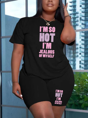 Black Fashionable O-Neck Printed Large Size Women's Two-Piece Set