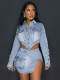 Button Zipper Denim Skirt With Irregular Slit Two-Piece Set