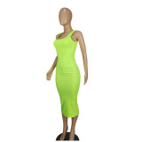 Fluorescent Green Sexy Fashion Ribbed Sleeveless Slip Dress