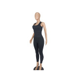 Black Fashionable Threaded Vest Yoga Sports Two-Piece Set