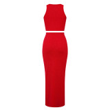 Red Fashionable Vest High Waist Cover Hip Long Skirt Two Piece Set