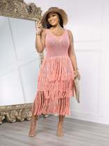 Pink Fashionable Knitted Handhook Beach Tassel Mesh Dress