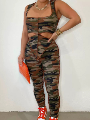 Brown Sexy Irregular Camouflage Print Vest And Trousers Two-Piece Set