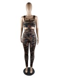 Brown Sexy Irregular Camouflage Print Vest And Trousers Two-Piece Set