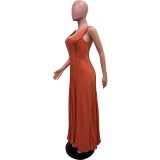 Orange Sleeveless U-Neck Women's Dress With Large Swing