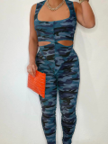 Blue Sexy Irregular Camouflage Print Vest And Trousers Two-Piece Set