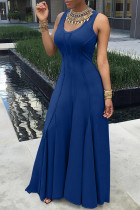 Blue Sleeveless U-Neck Women's Dress With Large Swing
