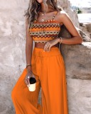 Orange Stylish Printed Lace-up Wide-leg Pants Two-piece Set