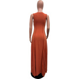 Orange Sleeveless U-Neck Women's Dress With Large Swing