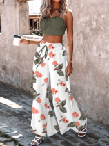 White Stylish Printed Lace-up Wide-leg Pants Two-piece Set