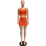 Orange Sexy Knitted Hollow Vest And Skirt Two-Piece Set
