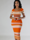 Orange Fashionable Round Neck Knitted Slim Short Sleeve Dress