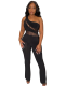 Black Sexy One-Shoulder Mesh Patchwork Jumpsuit