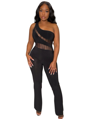 Black Sexy One-Shoulder Mesh Patchwork Jumpsuit