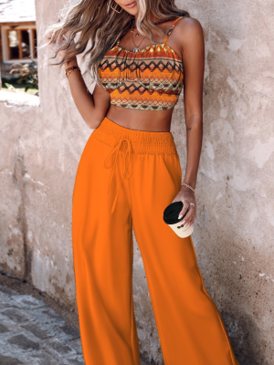 Orange Stylish Printed Lace-up Wide-leg Pants Two-piece Set