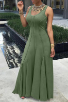 Green Sleeveless U-Neck Women's Dress With Large Swing