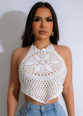 White Strappy Halterneck Crocheted Hollow Vacation Beach Top