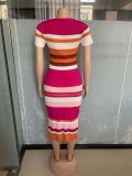 Rose Red Fashionable Round Neck Knitted Slim Short Sleeve Dress