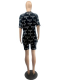 Black Fashionable O-Neck Letter Print Shorts Two-Piece Set