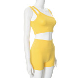 Yellow Asymmetric Camisole Gathered Shorts Sports Two-Piece Set