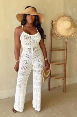 White Knitted Sexy Suspender Backless Jumpsuit