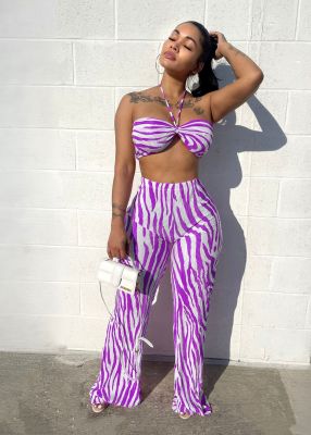 Purple Sexy Tube Top Casual Printed Striped Pleated Two-Piece Set