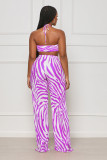 Purple Sexy Tube Top Casual Printed Striped Pleated Two-Piece Set