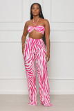 Rose Red Sexy Tube Top Casual Printed Striped Pleated Two-Piece Set
