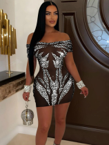 Black Fashion Women's Sexy Perm Diamond See-Through Dress