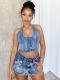 Blue New Style Halterneck Casual Skirt Two-Piece Set
