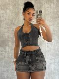Grey New Style Halterneck Casual Skirt Two-Piece Set