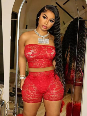 Red Sexy See-Through Lace Tube Top Shorts Two-Piece Set