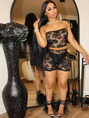 Black Sexy See-Through Lace Tube Top Shorts Two-Piece Set