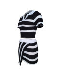 Black Lapel Short-Sleeved Striped Color-Blocked Knitted Skirt Two-Piece Set